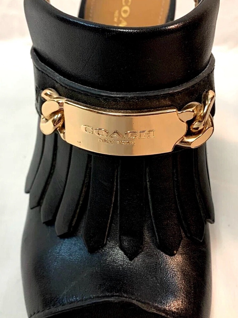 (CALLOUT) COACH Black Leather Fringe Open-Toe Mules with Gold Hardware - Picture 2 of 10